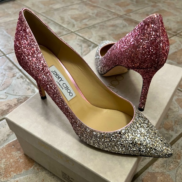 【JIMMY CHOO】Romy85 Champagne 37 参考価格12万 Champagne Coarse Glitter Fabric Pointy Toe Pump| ROMY 85